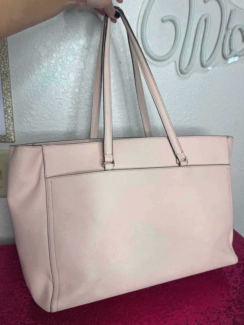 TORY BURCH 🤍 Pale Blush Pink Leather Large Shoulder Tote, Navy, Gold - 10x15”